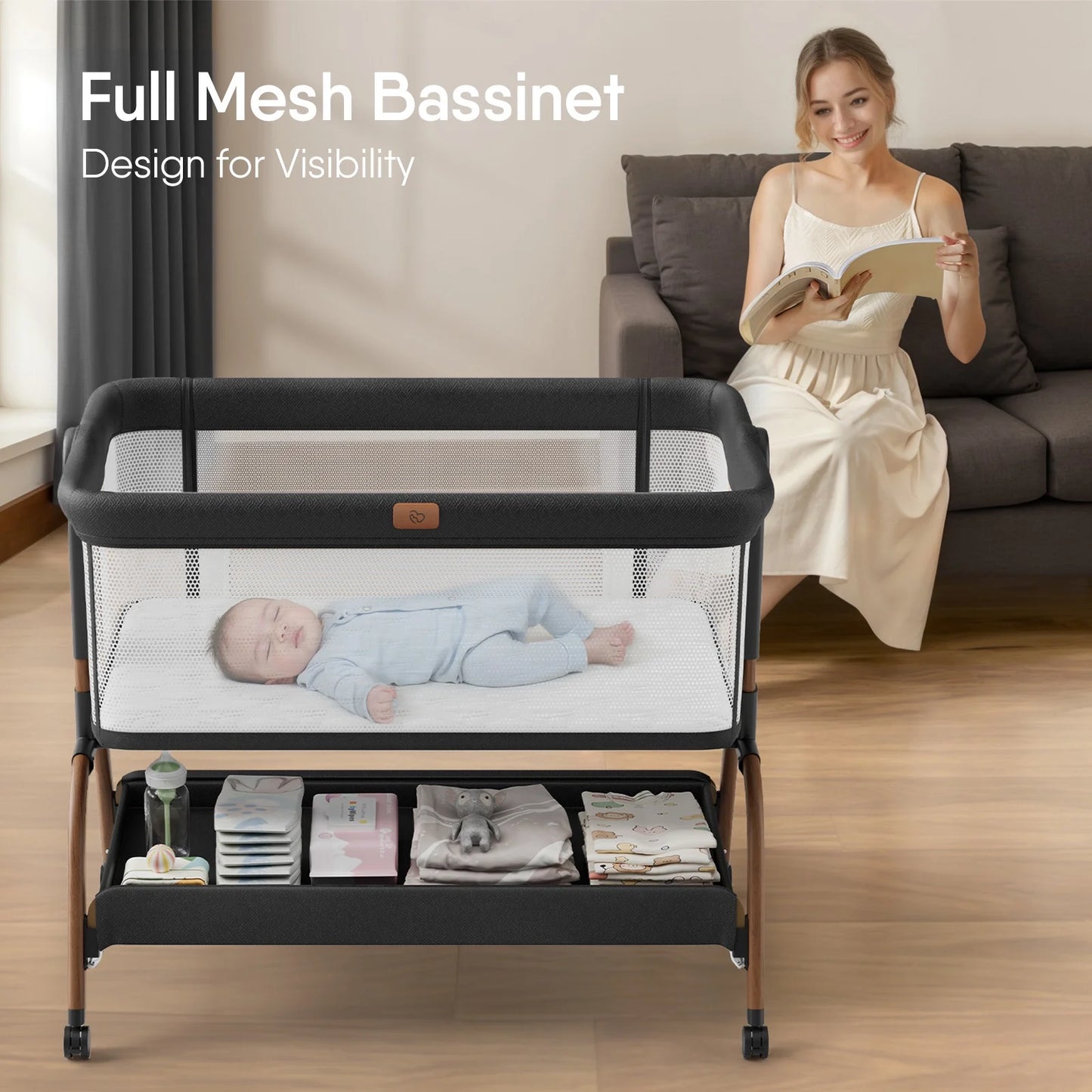 Baby Bassinet Bedside Crib, 3-in-1 Baby Bassinet Bedside Sleeper with Mattress and Soft, Breathable Sheet, Full-Mesh Sides, 6-Height Adjustable, Stable and Secure Crib for Newborns,Black&Beige
