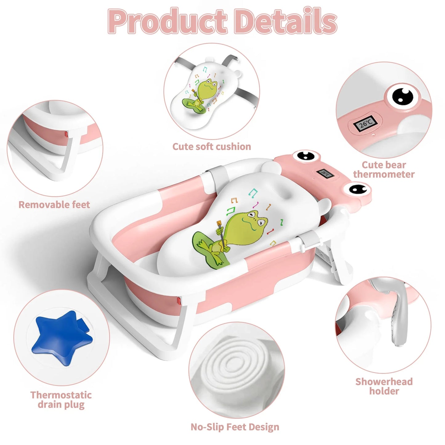 Babyomi Baby Bathtub Portable Baby Tub with Cute Bear Thermometer and Showerhead Holder, Bath Tub Thermostatic Drain Plug and No-Slip Feet Design to Newborn, Pink(BM8875)