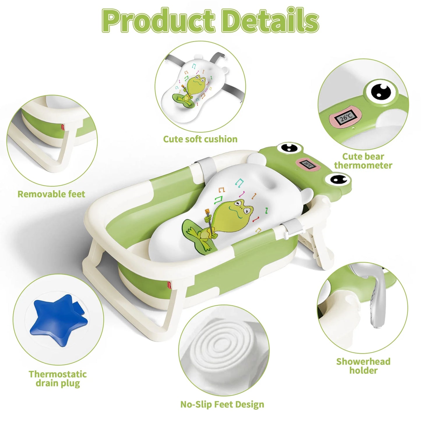 Babyomi Baby Bathtub Portable Baby Tub with Cute Bear Thermometer and Showerhead Holder, Bath Tub Thermostatic Drain Plug and No-Slip Feet Design to Newborn, Pink(BM8875)