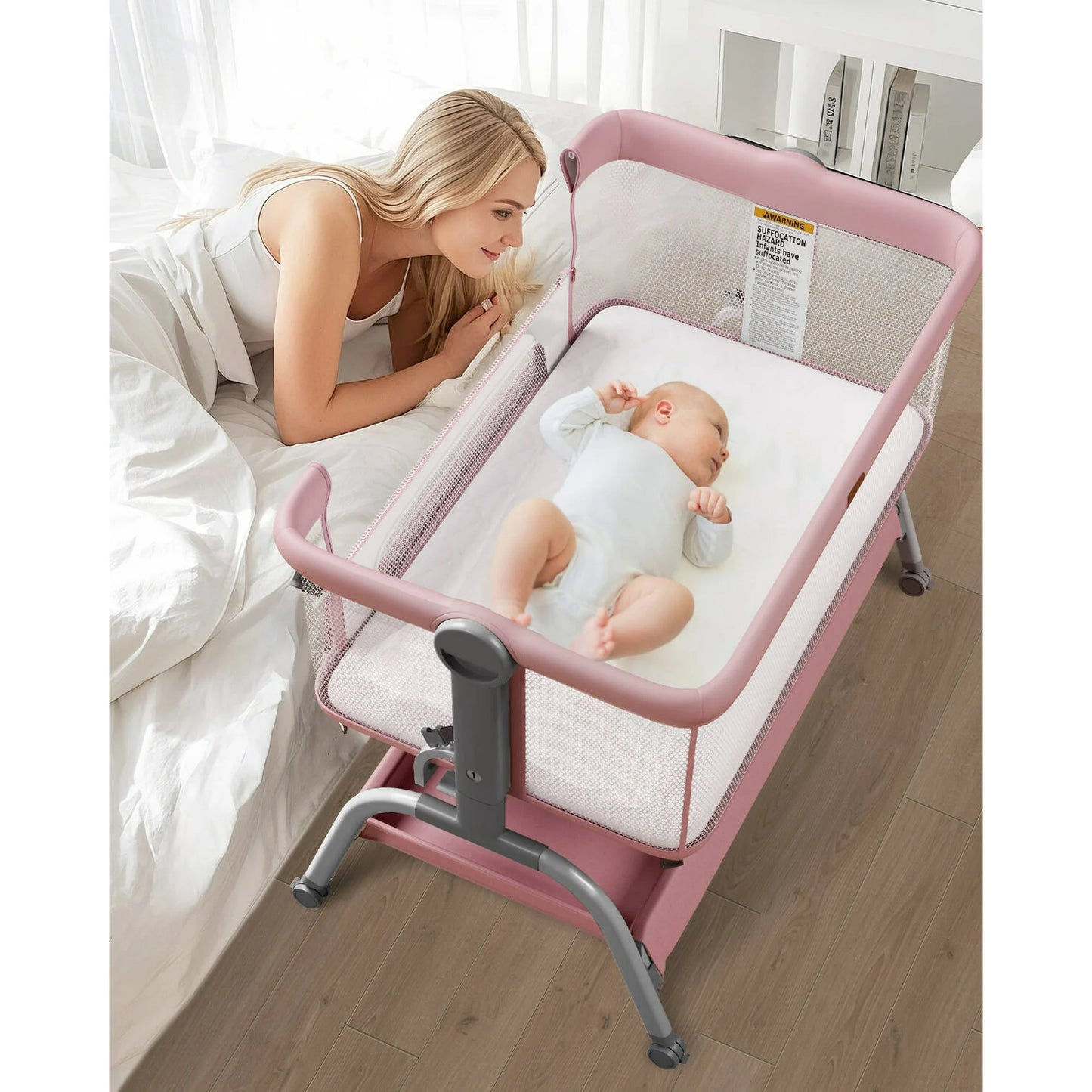 Babyomi 3 In 1 Baby Bassinet, Portable Playard With Storage Basket and Wheels, Adjustable Height Bassinet Bedside Sleeper, Easy Folding Portable Crib for Newborn, Pink,Grey&Black