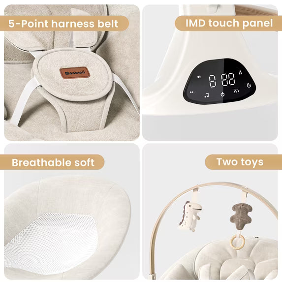Babyomi Baby Swing with Auto Rocking, Adjustable Recline & Speed, Remote Control, Timer, Bluetooth Music, Toy Bar & Secure 5-Point Harness for Infants.