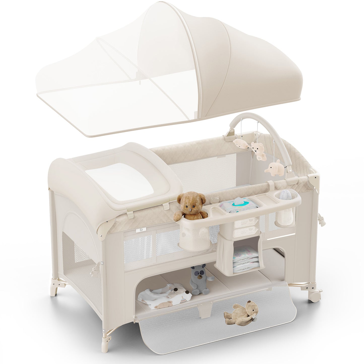 (670)4 in 1 Baby Bassinet, Pack and Play, Bedside Crib Sleeper, Diaper Changer - Comes with Mattress, Mosquito Net，Bottom Storage and Toy Bar for Newborn to Toddles