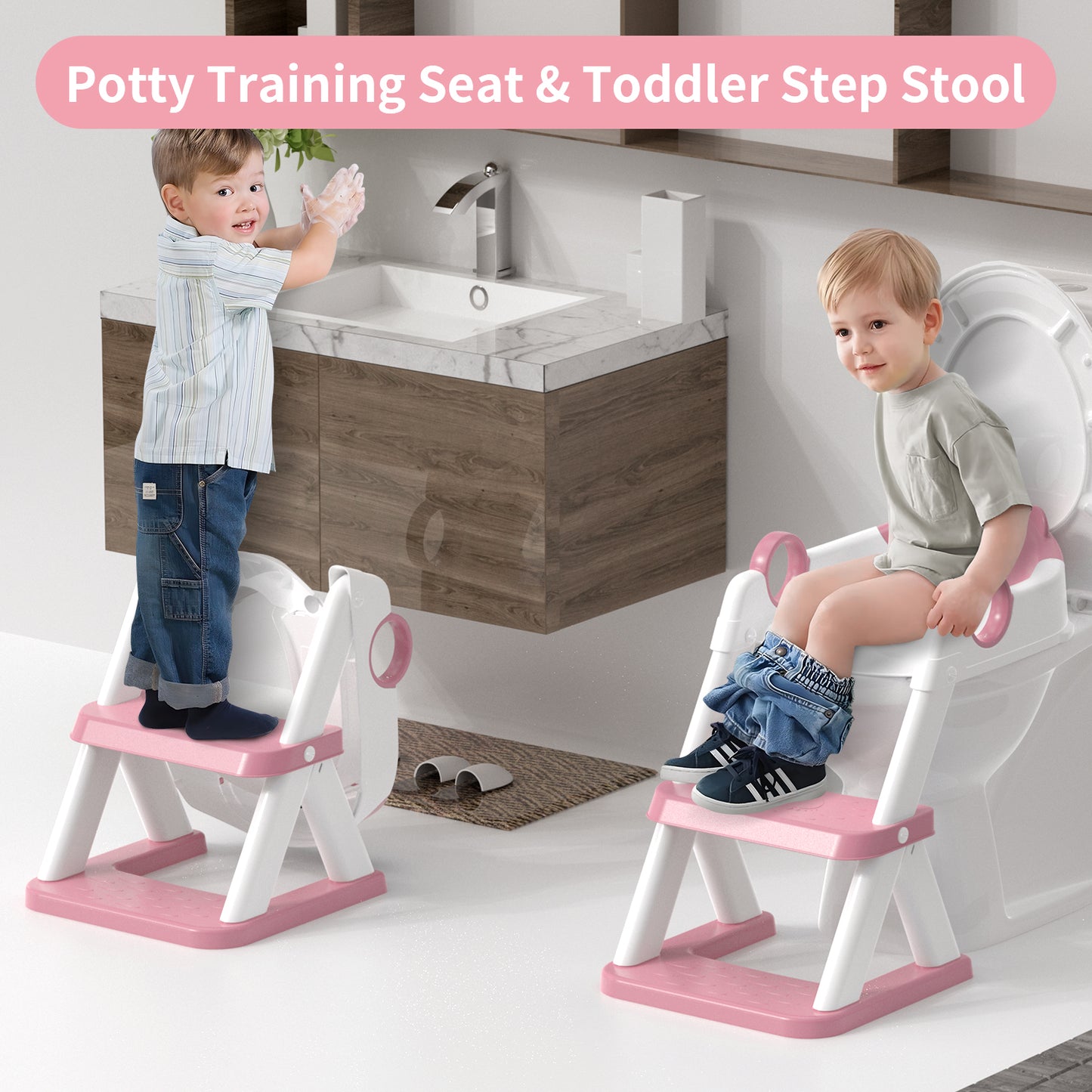 Babymi Potty Step Stools with Foldable Training Seat with Handles and Height Adjustable, Splash Guards, Height Adjustable Ladder for Toddlers 12 Months and Older, Unisex, Blue