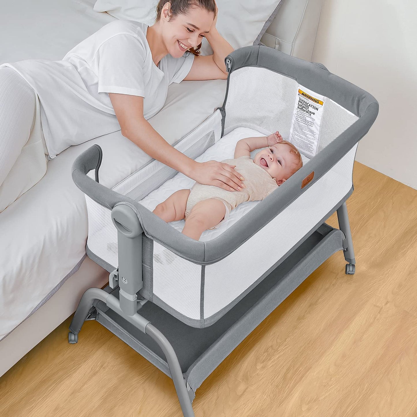BabyBond Baby Bassinet, 3 in 1 Bassinet Bedside Sleeper with Washable Soft Mattress and Sheet, 6 Height Adjustable Easy Folding Bedside Crib, 4-Sided Mesh Bedside Bassinet for Baby