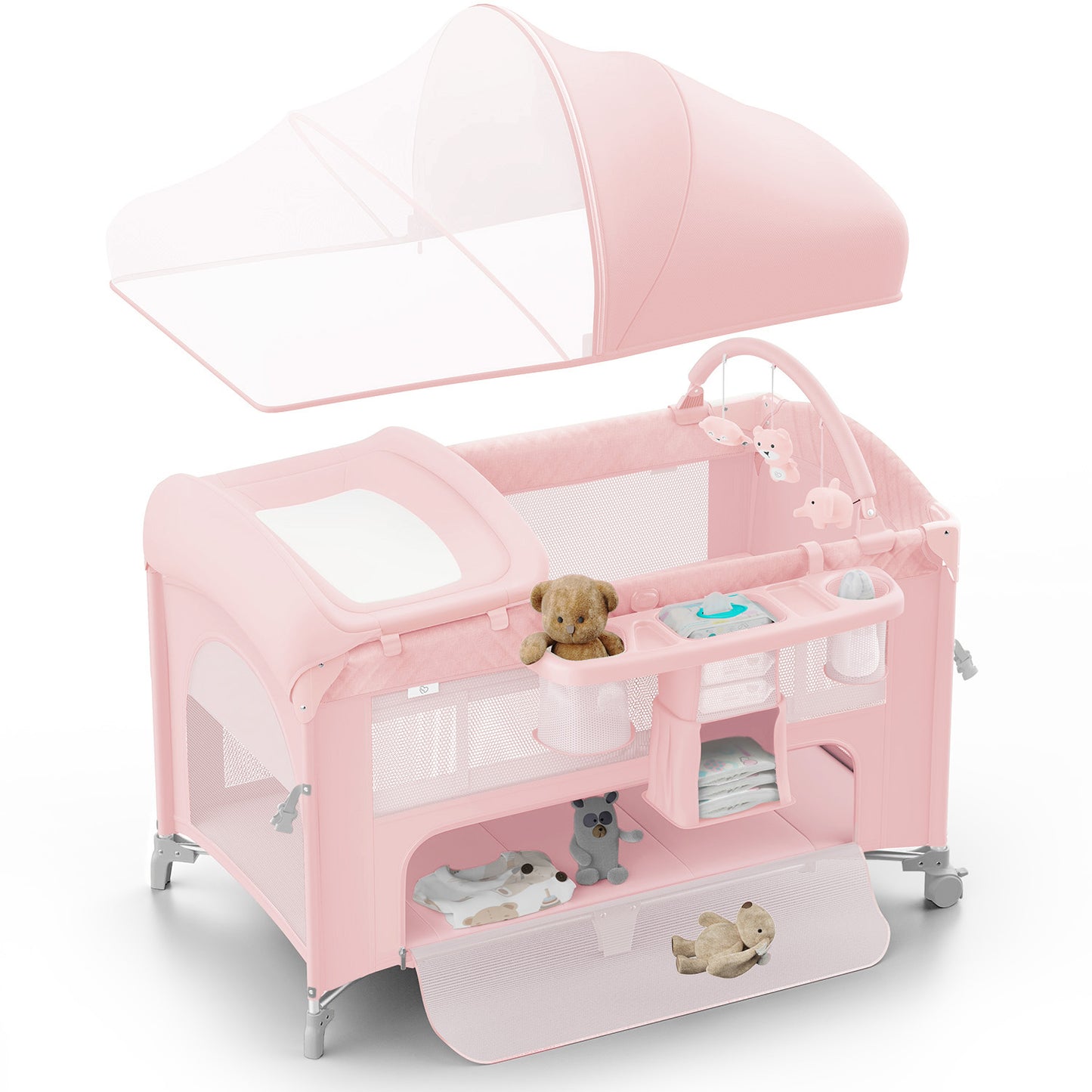 (670)4 in 1 Baby Bassinet, Pack and Play, Bedside Crib Sleeper, Diaper Changer - Comes with Mattress, Mosquito Net，Bottom Storage and Toy Bar for Newborn to Toddles