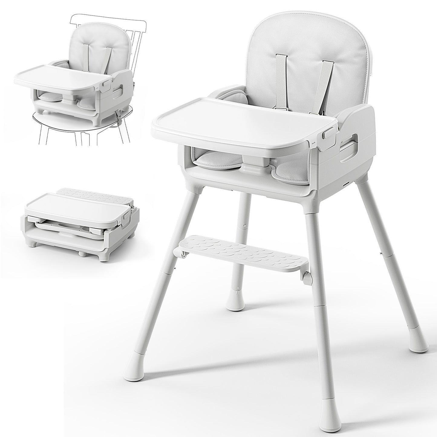 Obee Odee 3-in-1 Portable Baby High Chair for Babies and Toddlers, Convertible Easy Clean Infant Foldable Highchair with Adjustable Legs & Dishwasher Safe Tray, Grey