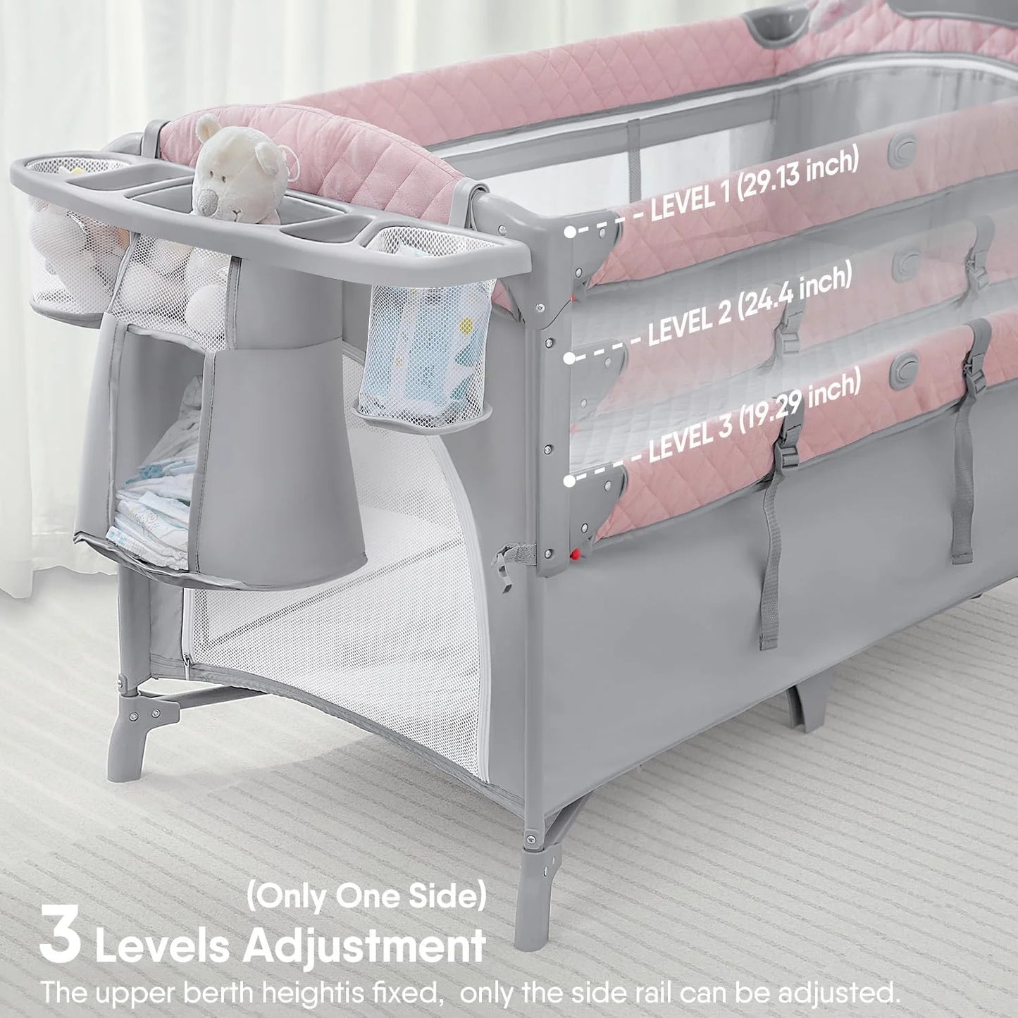 ADOVEL Baby Bassinet Bedside Crib, Pack and Play with Mattress, Diaper Changer and Playards from Newborn to Toddles,Pink, grey &Blue