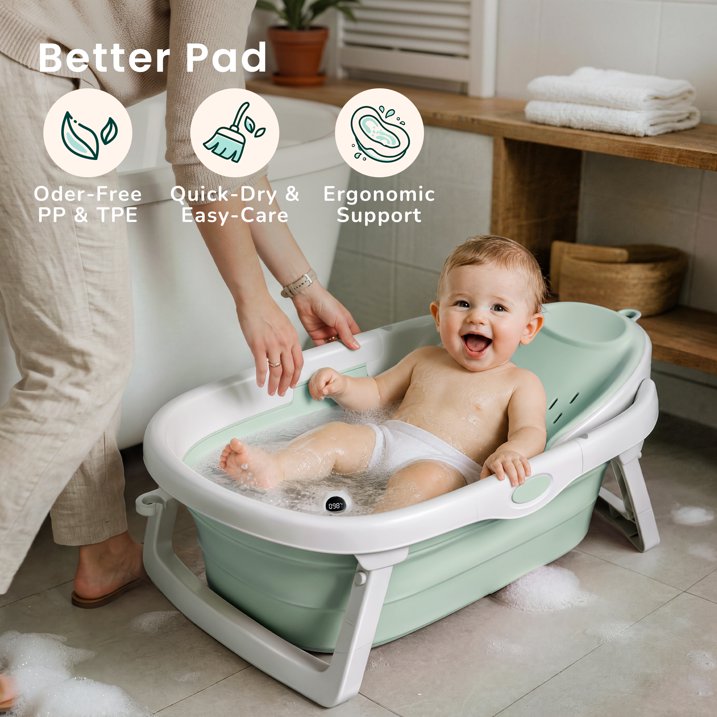 Babyomi 3-in-1 Reclining Baby Bathtub, Baby Tub for Newborns to Toddler with Removable Bath Seat & Backrest for Bath Support in Tub,Grow-with-Me, Green