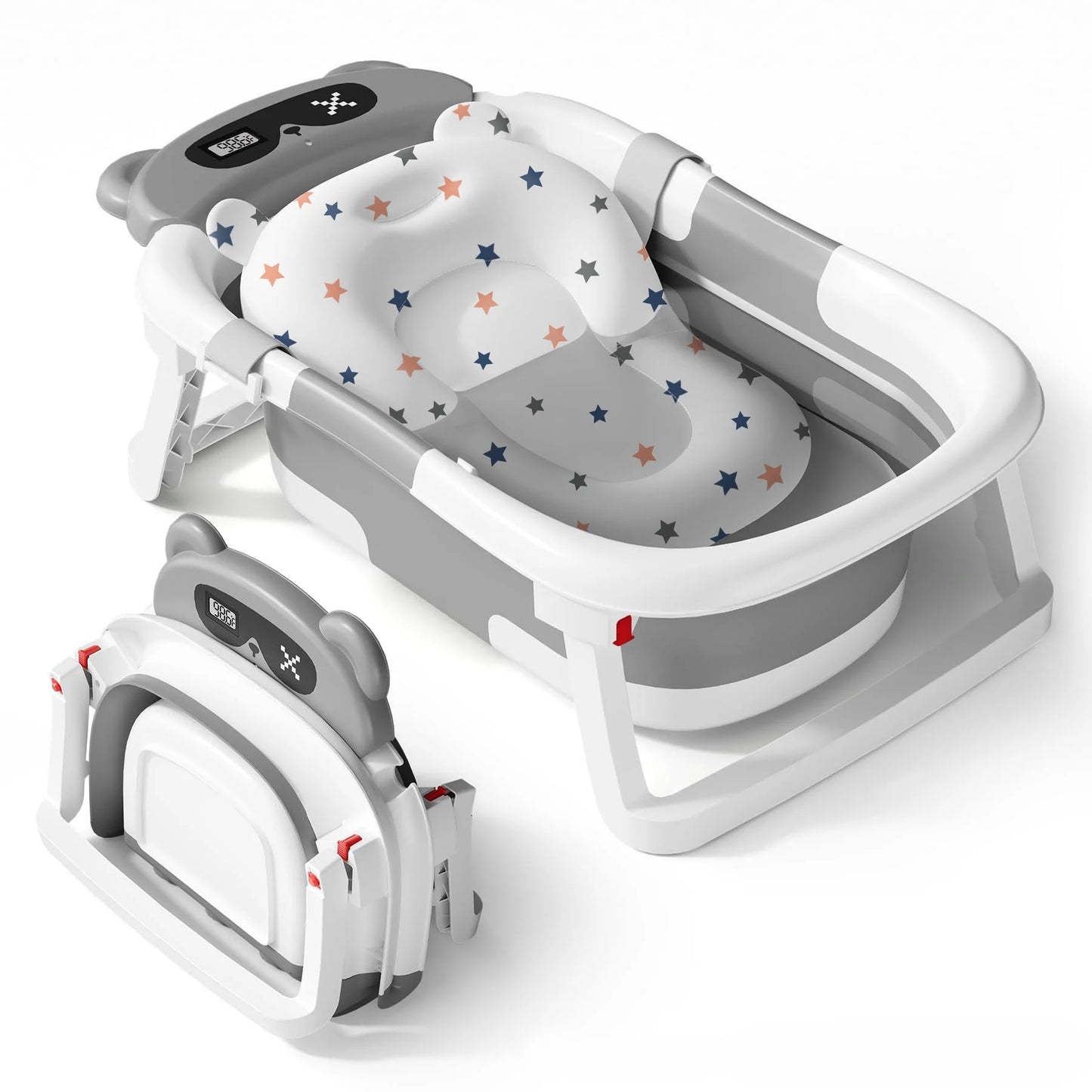 Babyomi Baby Bathtub with Durable Bath Tub and Cute Bear Thermometer, Soft Detachable Cushion No-Slip Hanging and Shower Hat, Foldable Bathtub for Newborn to Toddler, Grey(8877))