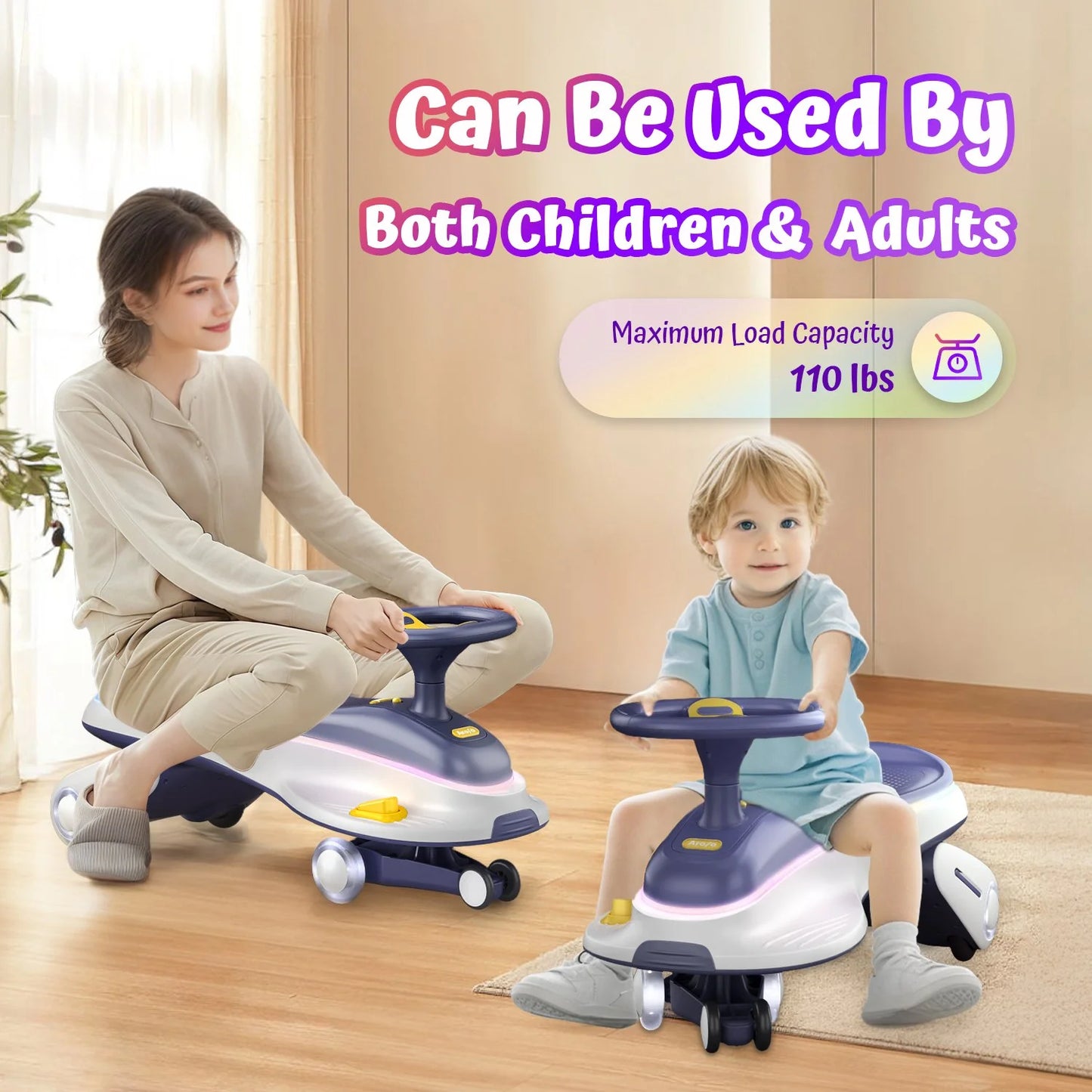 Babyomi 6V Large Classic Electric Wiggle Car with Glow wheels and Music, 2 Speed 2 in 1 Swing Car with Rechargeable Battery and Pedal for Ages 3 and Up Gifts, White-Blue(k12)