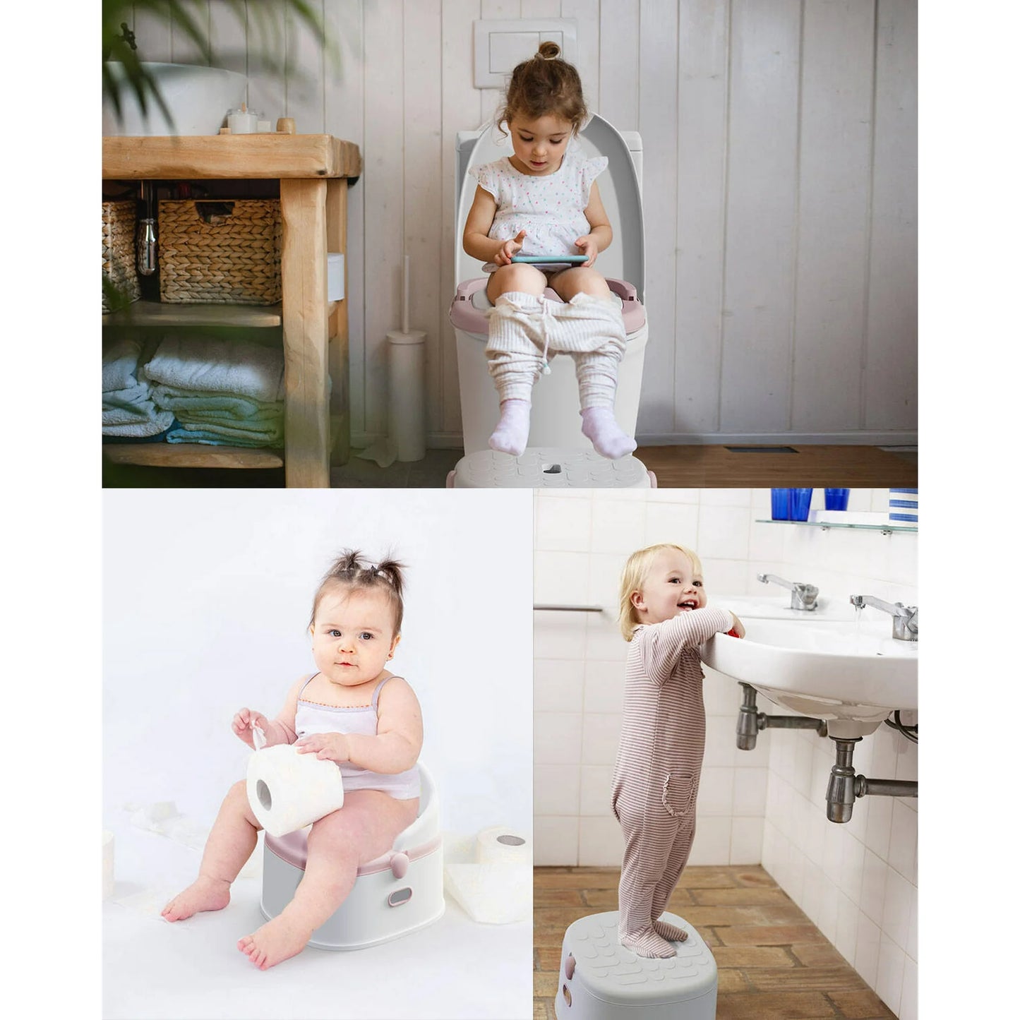 Babyomi 3 in-1 Potty Training Toilet with Standalone Potty & Potty Ring & Step Stool and Washable Liner and Lid,One-click Assembly, Easy to Clean,Grey&Pink