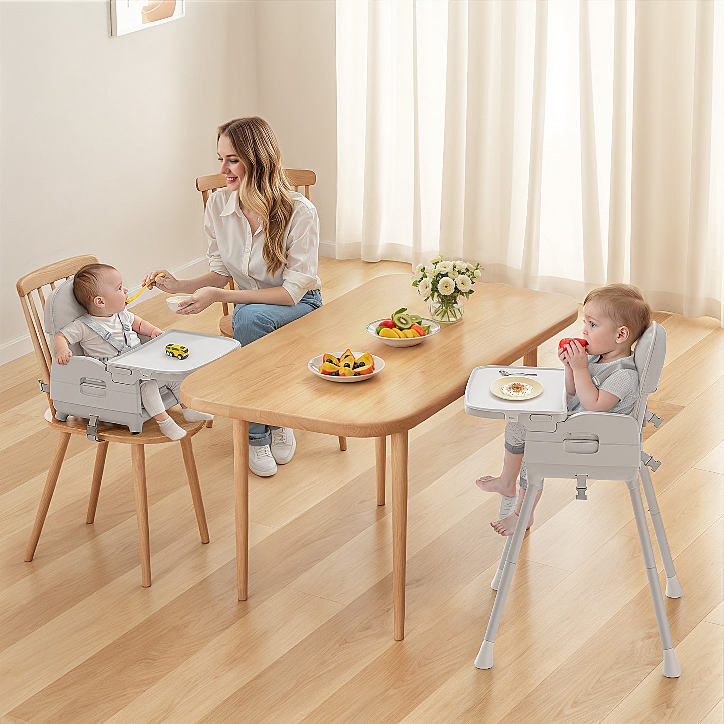 Obee Odee 3-in-1 Portable Baby High Chair for Babies and Toddlers, Convertible Easy Clean Infant Foldable Highchair with Adjustable Legs & Dishwasher Safe Tray, Grey