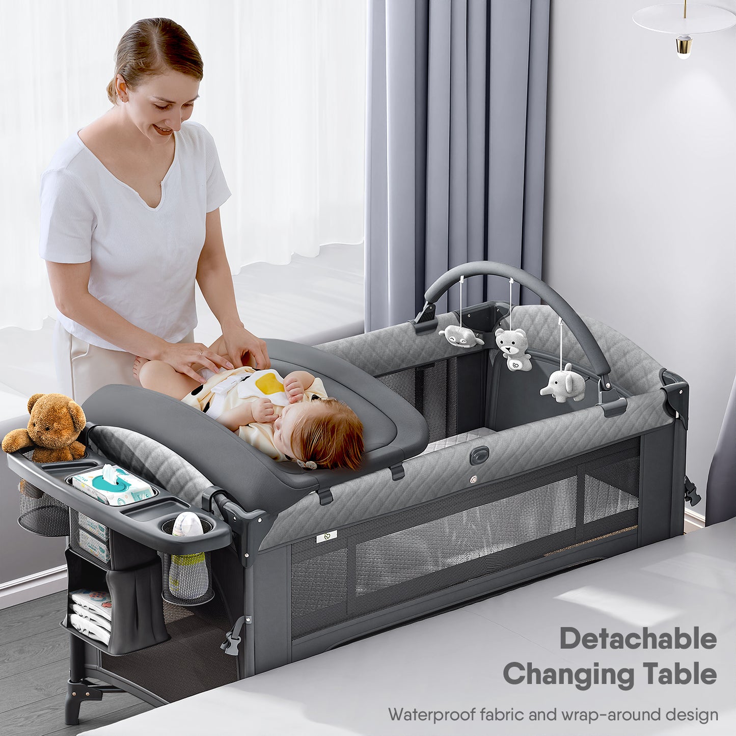 (670)4 in 1 Baby Bassinet, Pack and Play, Bedside Crib Sleeper, Diaper Changer - Comes with Mattress, Mosquito Net，Bottom Storage and Toy Bar for Newborn to Toddles