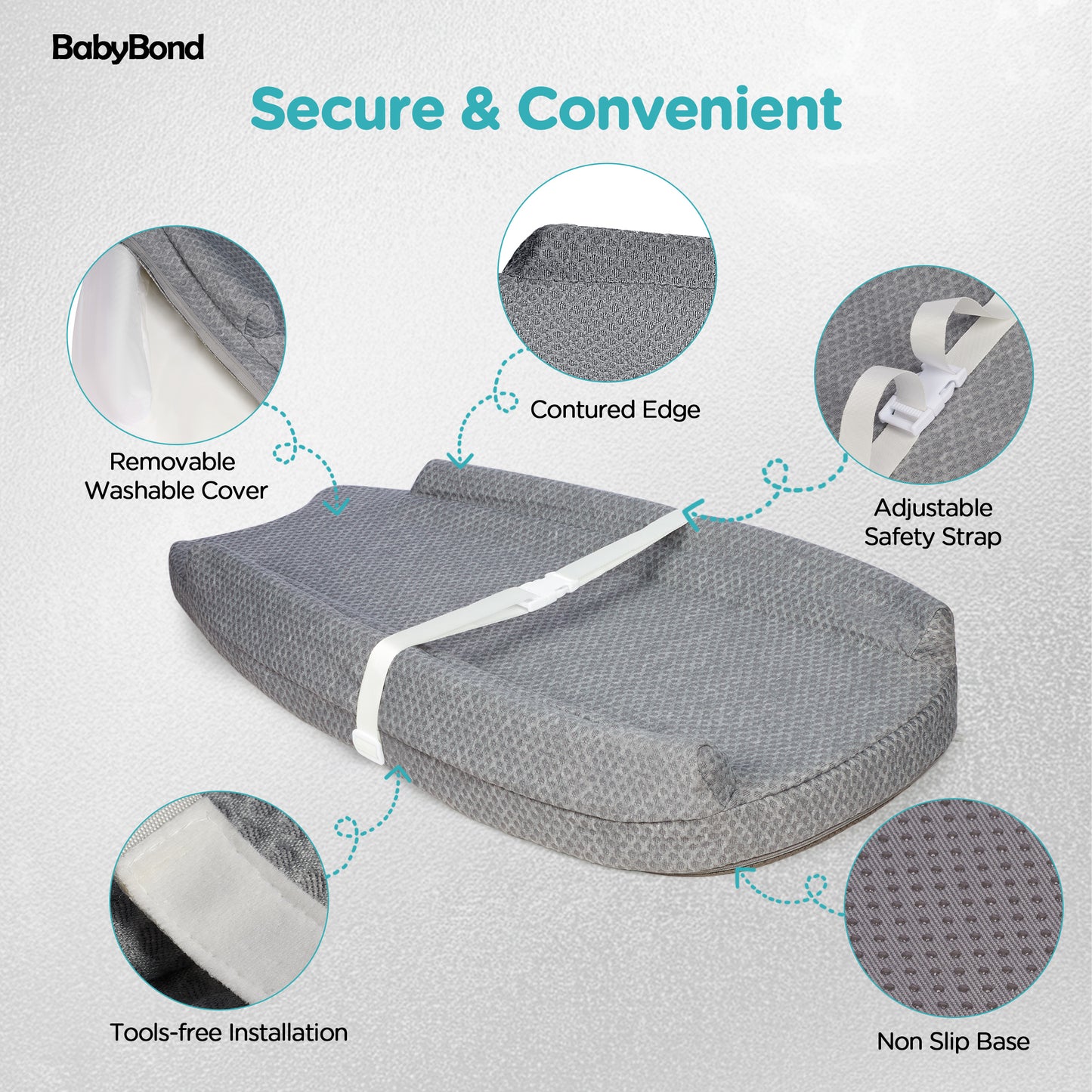 Babyomi Diaper Changing Pad with Anti-roll Edge and Adjustable Seat Belt, Anti Slip Base, Changing Pads for Newborns and Infants, Mid Gray