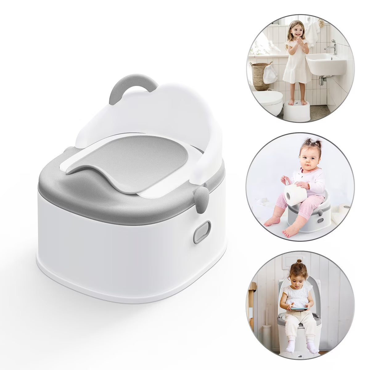 Babyomi 3 in-1 Potty Training Toilet with Standalone Potty & Potty Ring & Step Stool and Washable Liner and Lid,One-click Assembly, Easy to Clean,Grey&Pink