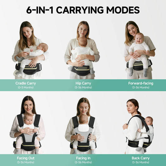 Babyomi Cozy Baby Wrap Carrier, 6in 1 Adjustable Ergonomic Design Lightweight Baby Carrier with Hip Seat, Storage Pockets and Drool Pad for Newborn to Toddler, Easy to Wear, Black(BM3014)
