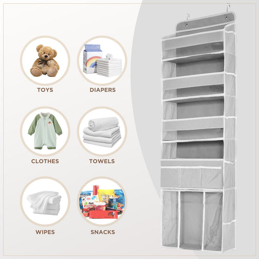 (BM3011-Gy-WMT)Babyomi Over-the-Door-Organizer with 5-Tier 19-Pocket and 1 Move Pocket, Mental Hooks Hanging Storage Hanging Storage for Baby Nursery Bathroom, Gray