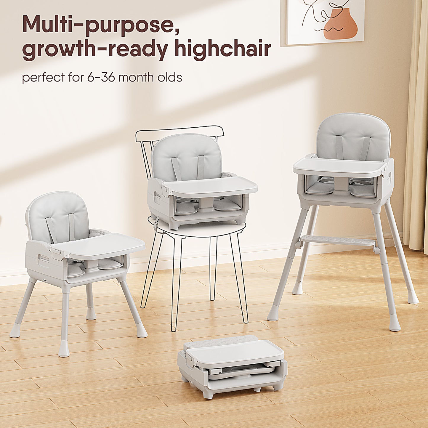 Obee Odee 3-in-1 Portable Baby High Chair for Babies and Toddlers, Convertible Easy Clean Infant Foldable Highchair with Adjustable Legs & Dishwasher Safe Tray, Grey