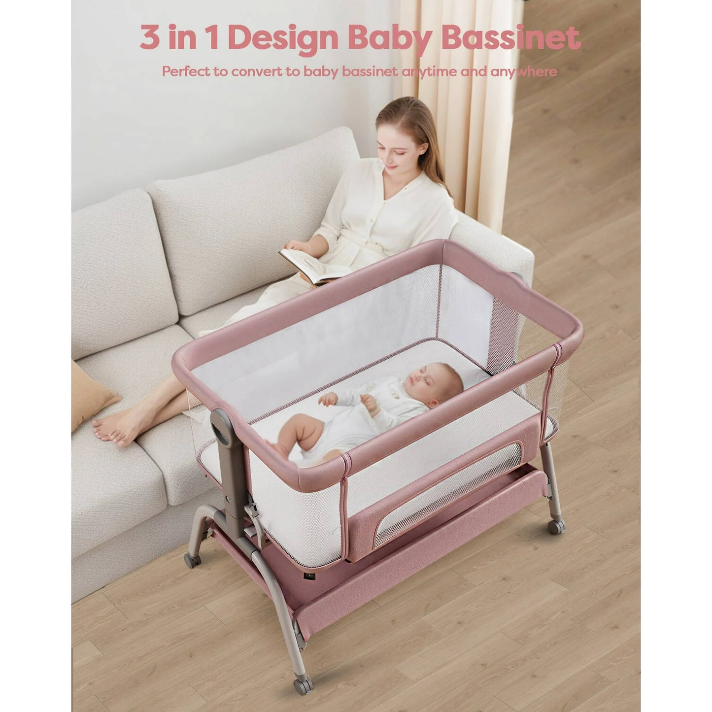 Babyomi 3 In 1 Baby Bassinet, Portable Playard With Storage Basket and Wheels, Adjustable Height Bassinet Bedside Sleeper, Easy Folding Portable Crib for Newborn, Pink,Grey&Black