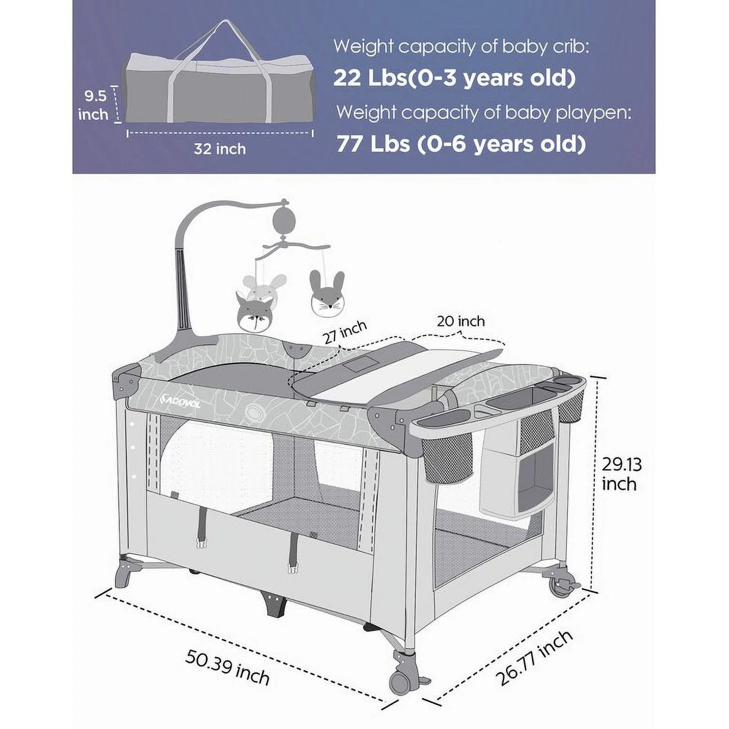 Babybond 3-in-1 Bedside Bassinet, Play Yard & Diaper Changer, suitable for newborns to toddlers aged 0-2. Comes with mattress, mosquito net, bottom diaper storage compartment and toy bar.Grey