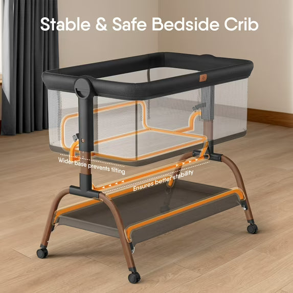 Baby Bassinet Bedside Crib, 3-in-1 Baby Bassinet Bedside Sleeper with Mattress and Soft, Breathable Sheet, Full-Mesh Sides, 6-Height Adjustable, Stable and Secure Crib for Newborns,Black&Beige