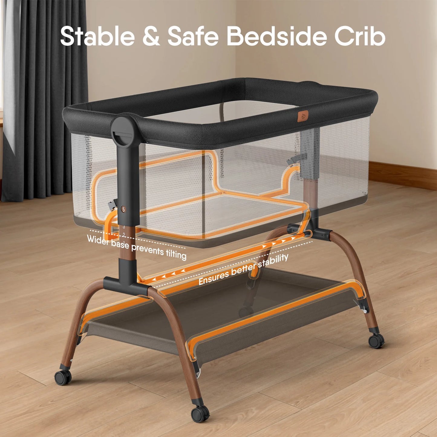 Baby Bassinet Bedside Crib, 3-in-1 Baby Bassinet Bedside Sleeper with Mattress and Soft, Breathable Sheet, Full-Mesh Sides, 6-Height Adjustable, Stable and Secure Crib for Newborns,Black&Beige
