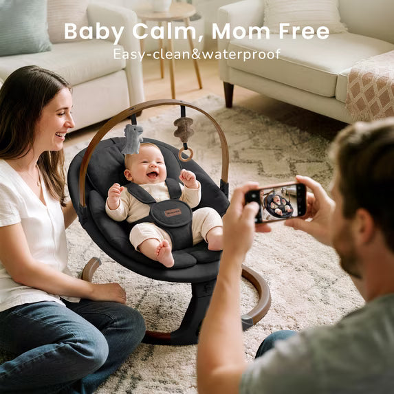 Babyomi Baby Swing with Auto Rocking, Adjustable Recline & Speed, Remote Control, Timer, Bluetooth Music, Toy Bar & Secure 5-Point Harness for Infants.