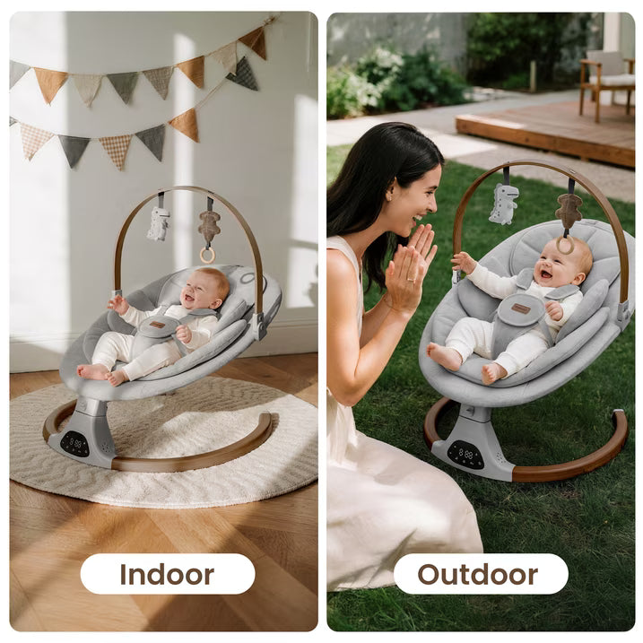 Babyomi Baby Swing with Auto Rocking, Adjustable Recline & Speed, Remote Control, Timer, Bluetooth Music, Toy Bar & Secure 5-Point Harness for Infants.