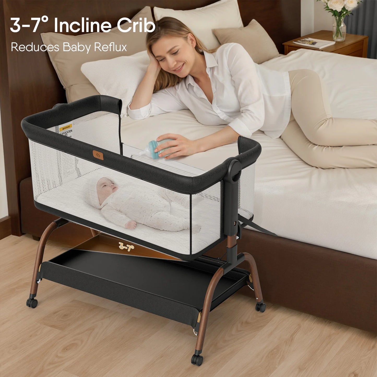 Baby Bassinet Bedside Crib, 3-in-1 Baby Bassinet Bedside Sleeper with Mattress and Soft, Breathable Sheet, Full-Mesh Sides, 6-Height Adjustable, Stable and Secure Crib for Newborns,Black&Beige