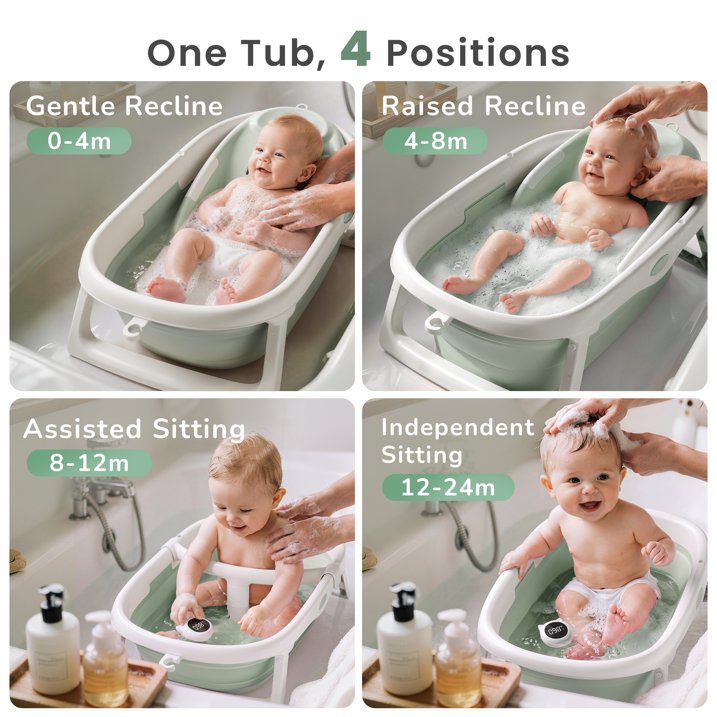 Babyomi 3-in-1 Reclining Baby Bathtub, Baby Tub for Newborns to Toddler with Removable Bath Seat & Backrest for Bath Support in Tub,Grow-with-Me, Green