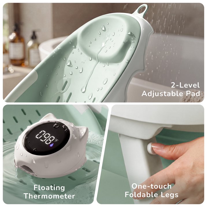 Babyomi 3-in-1 Reclining Baby Bathtub, Baby Tub for Newborns to Toddler with Removable Bath Seat & Backrest for Bath Support in Tub,Grow-with-Me, Green