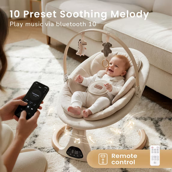 Babyomi Baby Swing with Auto Rocking, Adjustable Recline & Speed, Remote Control, Timer, Bluetooth Music, Toy Bar & Secure 5-Point Harness for Infants.