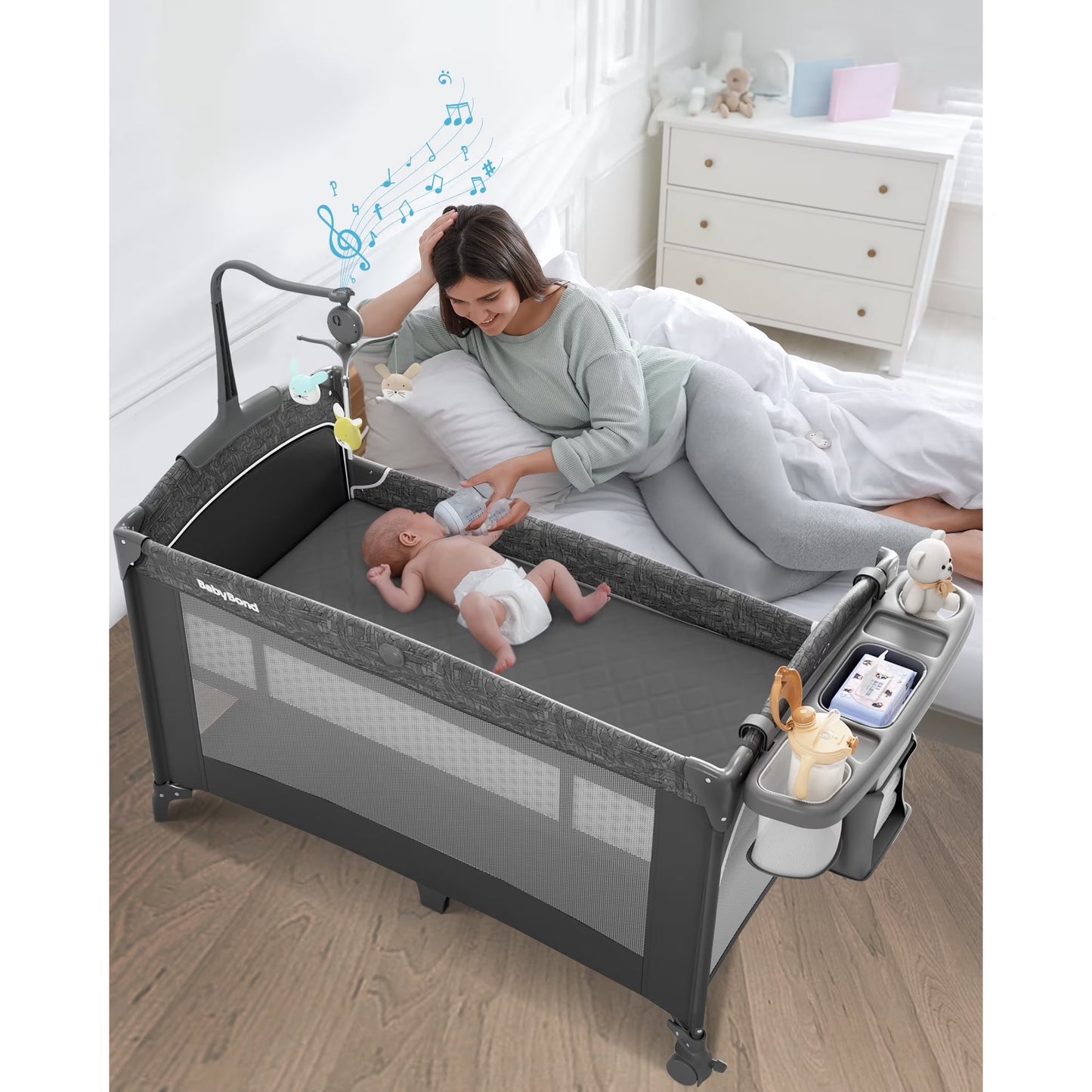 5 in 1 Baby Bassinet Bedside Crib, Easy Folding Portable Playards, Pack and Play with Mattress, Diaper Changer and Music Mobile Pink