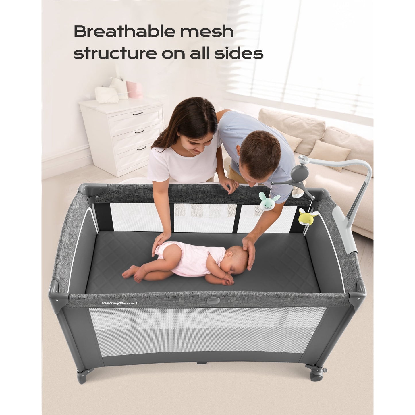 5 in 1 Baby Bassinet Bedside Crib, Easy Folding Portable Playards, Pack and Play with Mattress, Diaper Changer and Music Mobile Pink