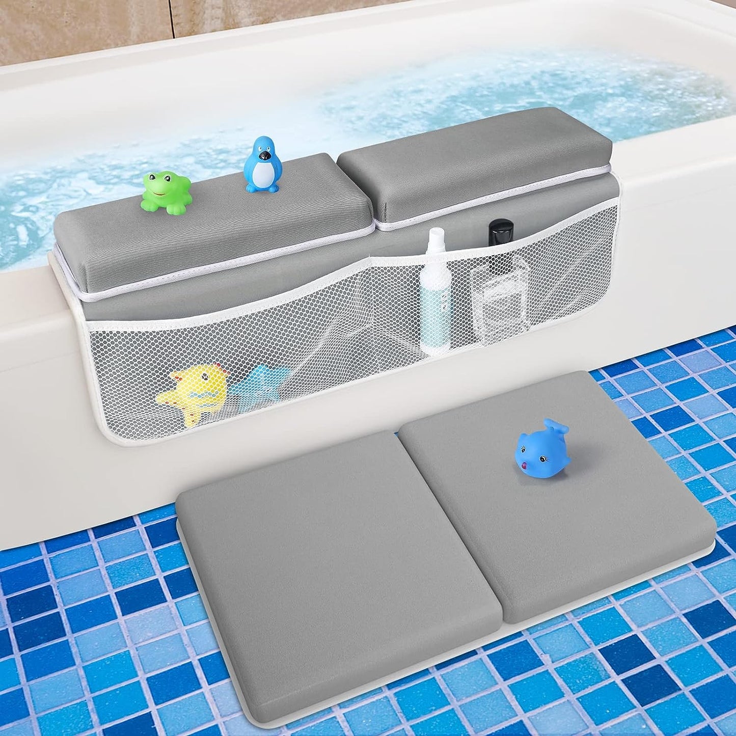 Babyomi Baby Bath Kneeler and Elbow Rest Pad Set, Thick, Quick Dry Kneeling Pad with Knee and Arm Support for Baby Bath Time, Foldable Non-Slip Bathtub Mat with Toys Organizer, Grey