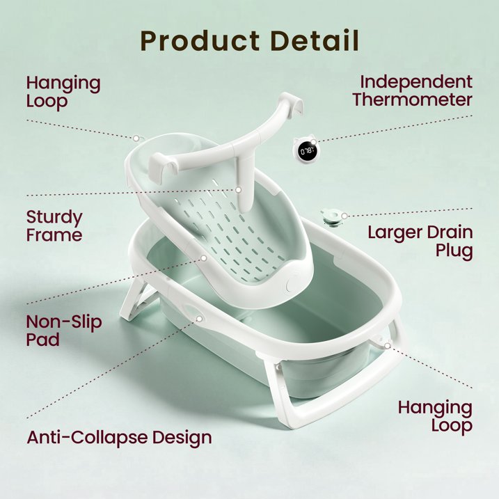 Babyomi 3-in-1 Reclining Baby Bathtub, Baby Tub for Newborns to Toddler with Removable Bath Seat & Backrest for Bath Support in Tub,Grow-with-Me, Green