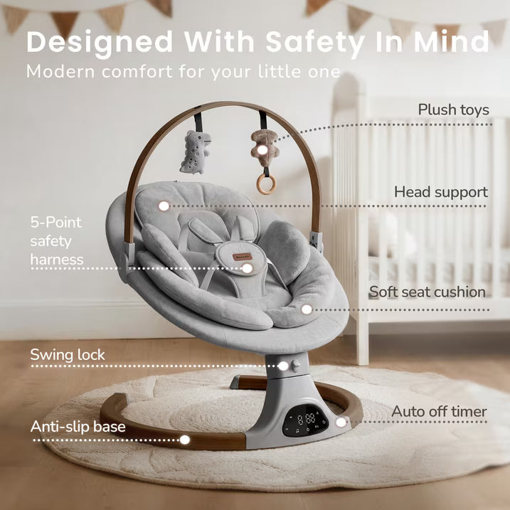 Babyomi Baby Swing with Auto Rocking, Adjustable Recline & Speed, Remote Control, Timer, Bluetooth Music, Toy Bar & Secure 5-Point Harness for Infants.