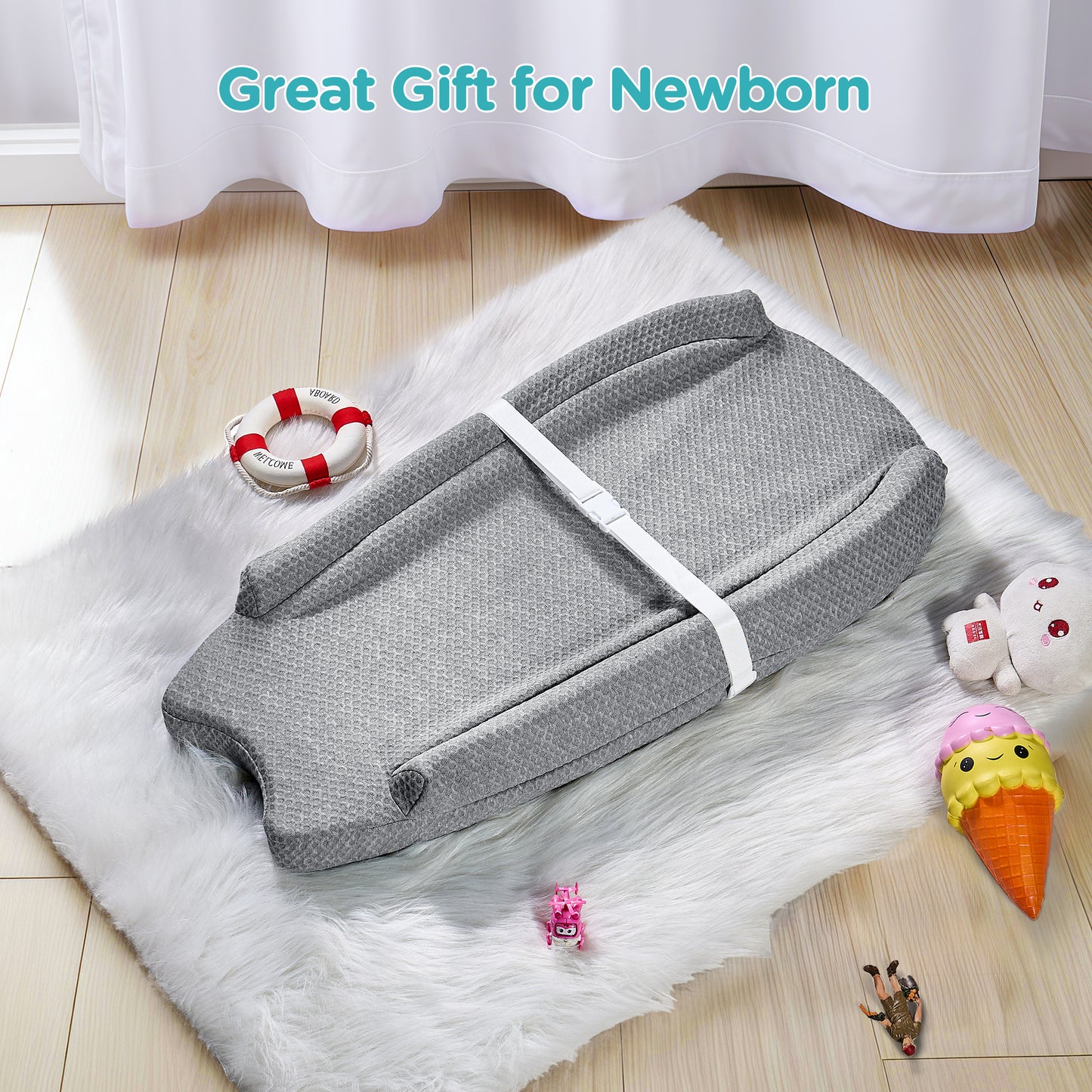 Babyomi Diaper Changing Pad with Anti-roll Edge and Adjustable Seat Belt, Anti Slip Base, Changing Pads for Newborns and Infants, Mid Gray