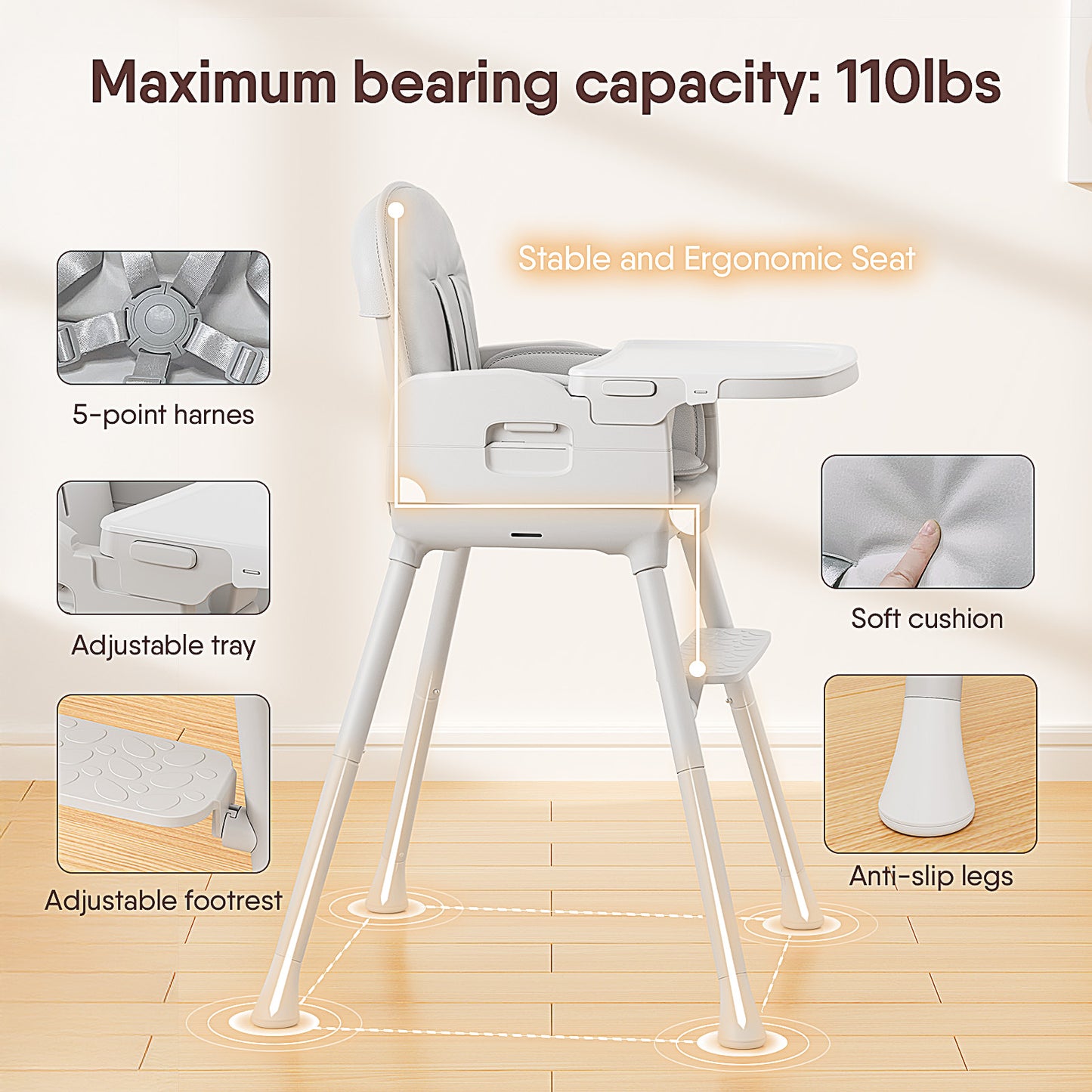 Obee Odee 3-in-1 Portable Baby High Chair for Babies and Toddlers, Convertible Easy Clean Infant Foldable Highchair with Adjustable Legs & Dishwasher Safe Tray, Grey