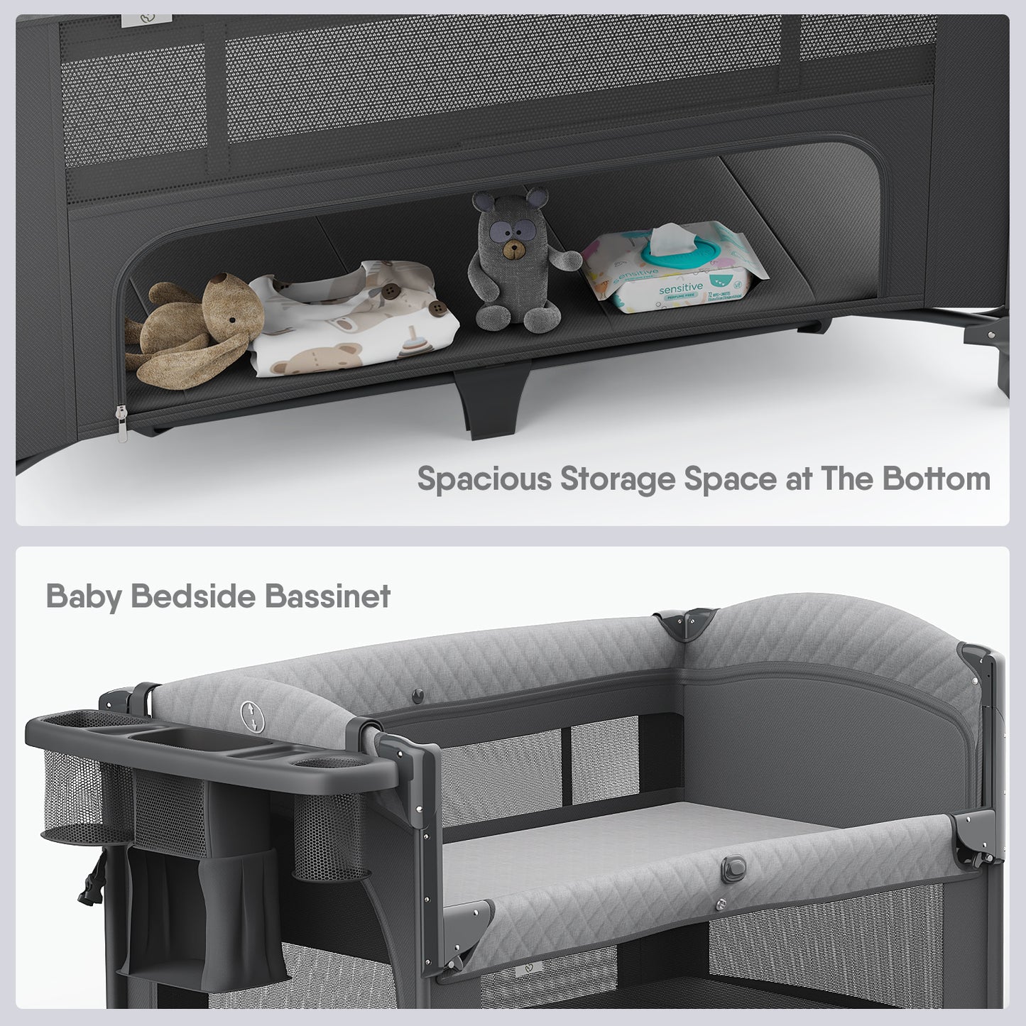 (670)4 in 1 Baby Bassinet, Pack and Play, Bedside Crib Sleeper, Diaper Changer - Comes with Mattress, Mosquito Net，Bottom Storage and Toy Bar for Newborn to Toddles