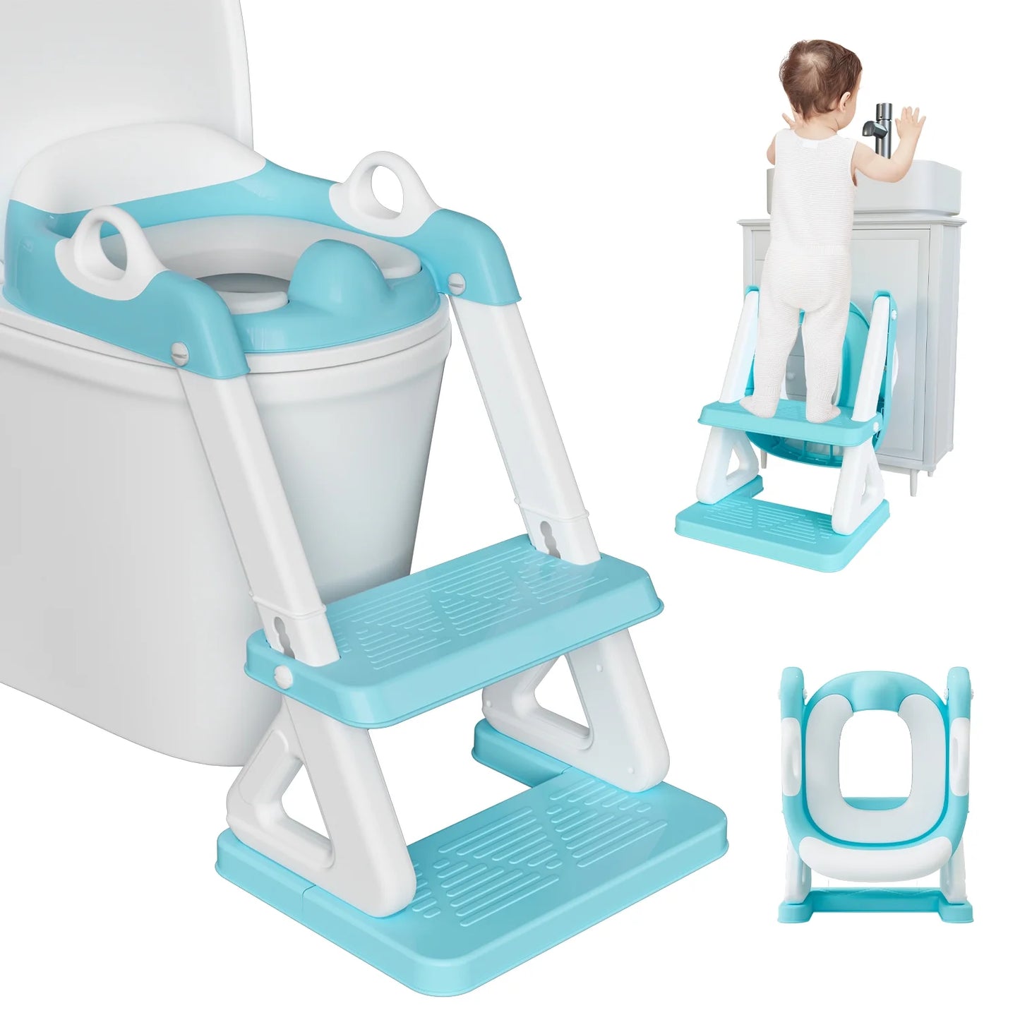 (  T5 )Babyomi Potty Step Stools, Toddler Toilet Seat with Ladder and Height Adjustable for Children's 12+Months, Blue-Green