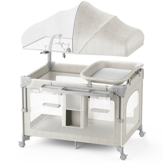 Babyomi Baby Bassinet with Changing Table, 5 in 1 Baby Bassinet Bedside Sleeper with Quick Collection Function and Storage Basket, Toys, Mosquito Net for 0-24 Months, Beige(1028))