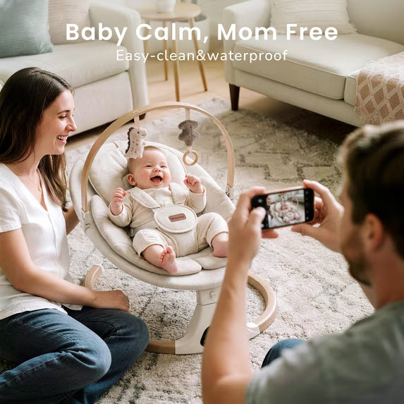 Babyomi Baby Swing with Auto Rocking, Adjustable Recline & Speed, Remote Control, Timer, Bluetooth Music, Toy Bar & Secure 5-Point Harness for Infants.