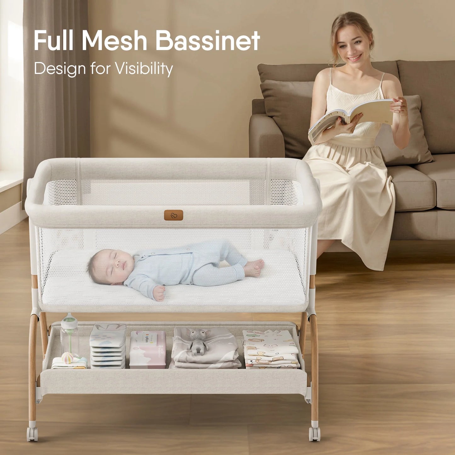 Baby Bassinet Bedside Crib, 3-in-1 Baby Bassinet Bedside Sleeper with Mattress and Soft, Breathable Sheet, Full-Mesh Sides, 6-Height Adjustable, Stable and Secure Crib for Newborns,Black&Beige