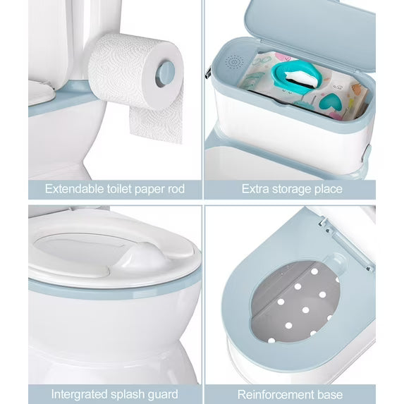 Babyomi 2 - in - 1 Toddler Potty Training Toilet, with toilet paper holder and storage shelf, featuring flushing sound, suitable for 1 - 3 year old toddlers, blue.