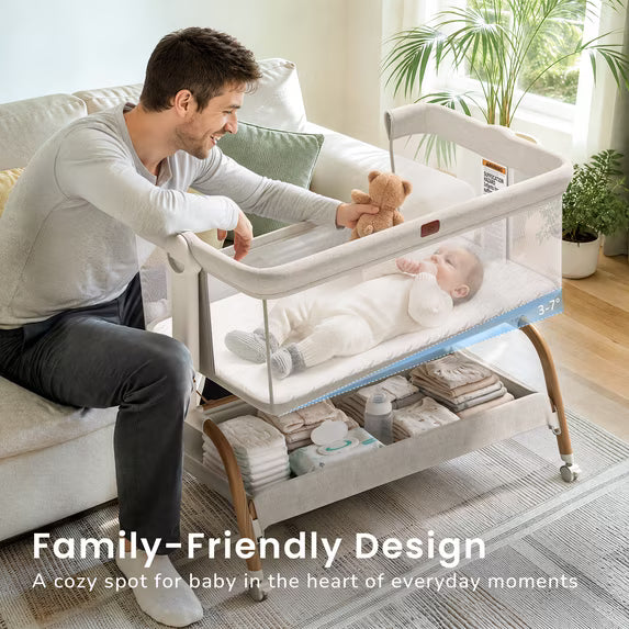 Babyomi 3 In 1 Baby Bassinet, Portable Playard With Storage Basket and Wheels, Adjustable Height Bassinet Bedside Sleeper, Easy Folding Portable Crib for Newborn