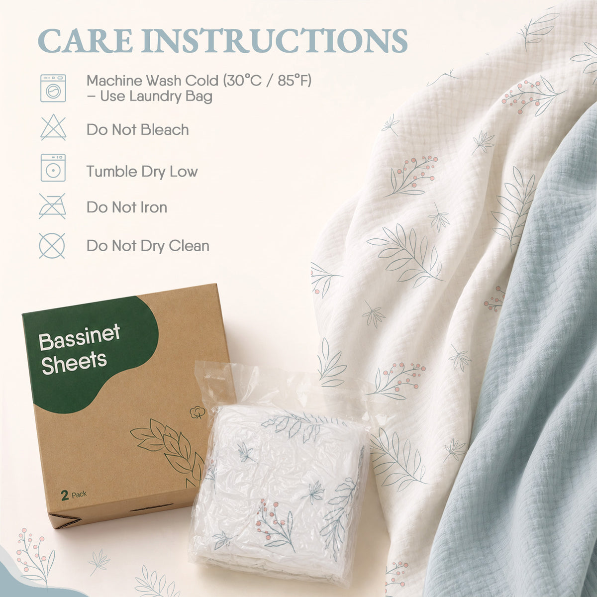 Babyomi Baby 2-Pack Muslin Cotton Bassinet Sheets, 33*17*4inch Bedside Sleeper, Blue
