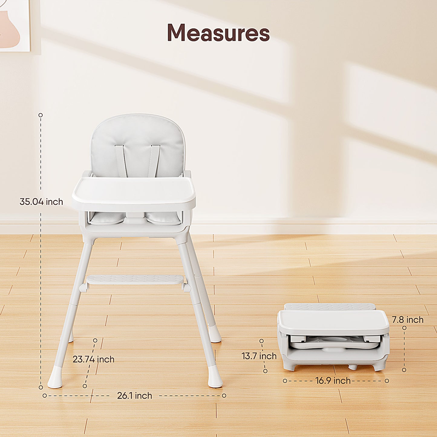 Obee Odee 3-in-1 Portable Baby High Chair for Babies and Toddlers, Convertible Easy Clean Infant Foldable Highchair with Adjustable Legs & Dishwasher Safe Tray, Grey