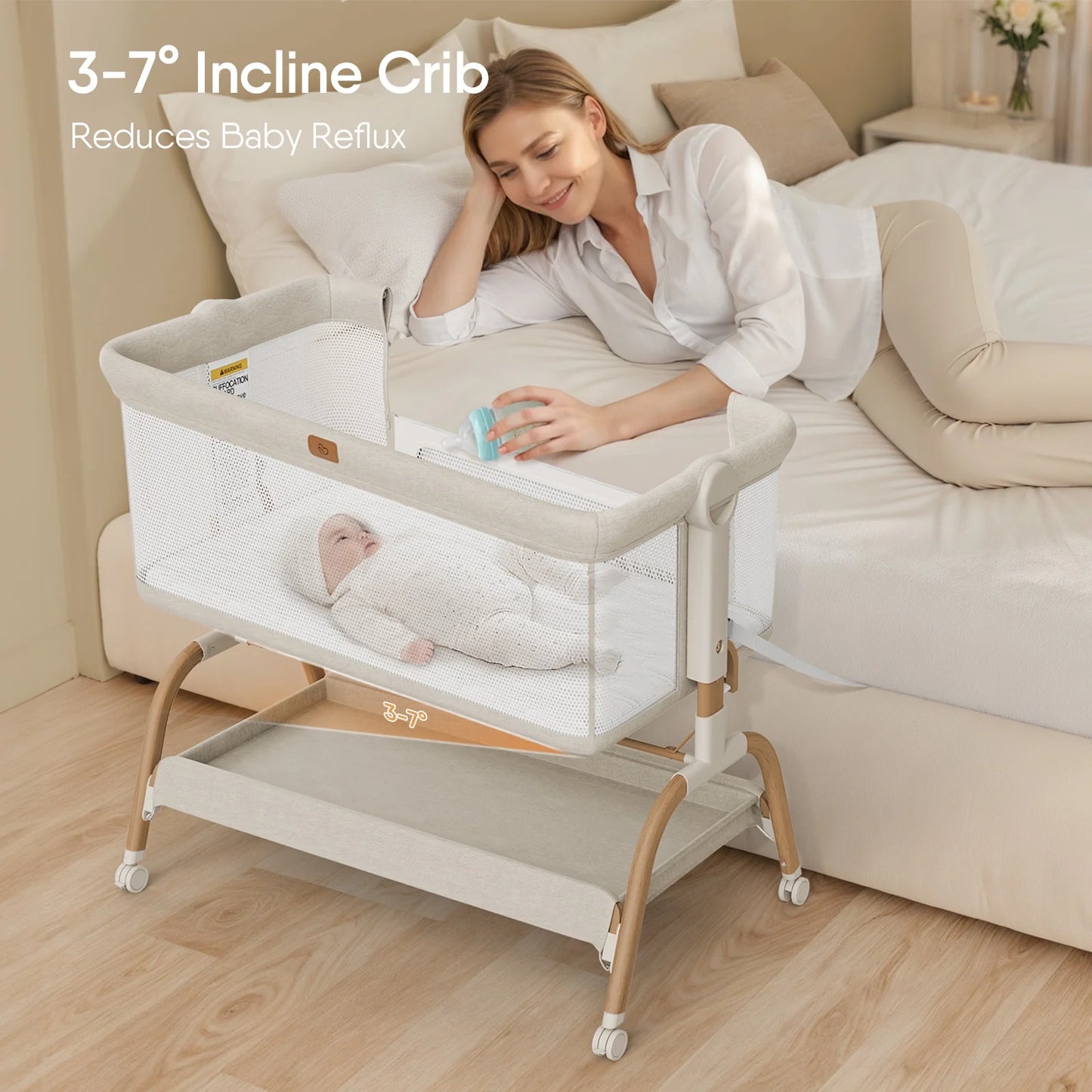 Baby Bassinet Bedside Crib, 3-in-1 Baby Bassinet Bedside Sleeper with Mattress and Soft, Breathable Sheet, Full-Mesh Sides, 6-Height Adjustable, Stable and Secure Crib for Newborns,Black&Beige