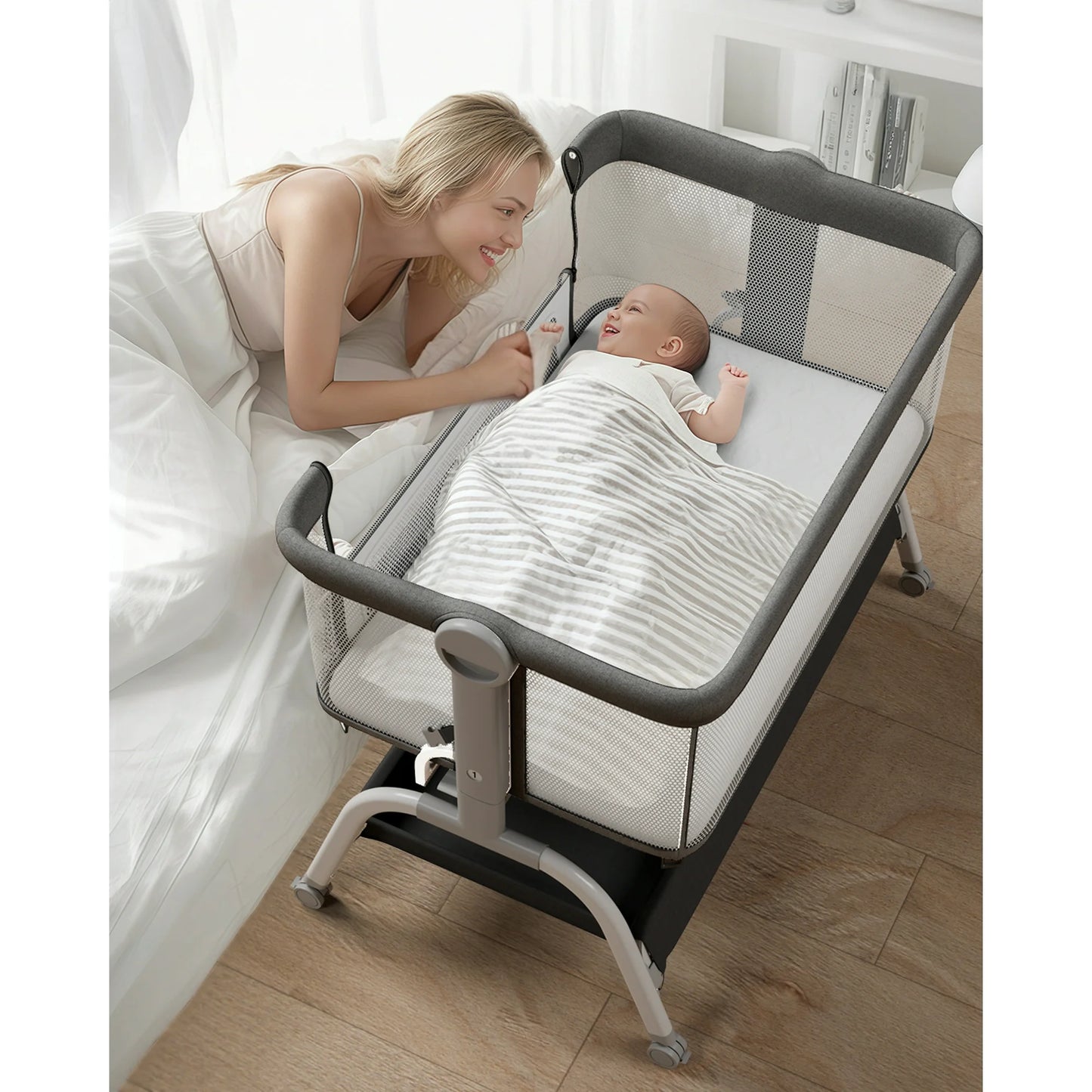 Babyomi 3 In 1 Baby Bassinet, Portable Playard With Storage Basket and Wheels, Adjustable Height Bassinet Bedside Sleeper, Easy Folding Portable Crib for Newborn, Pink,Grey&Black